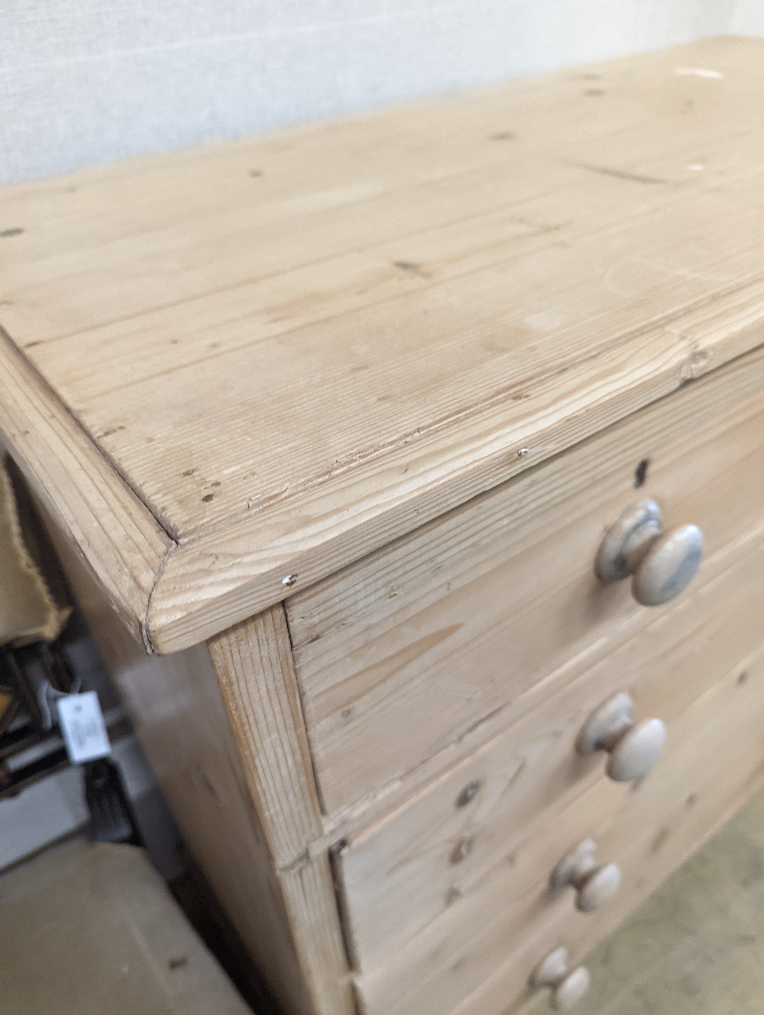 A Victorian pine chest of two short and three long drawers, width 94cm, depth 44cm, height 96cm